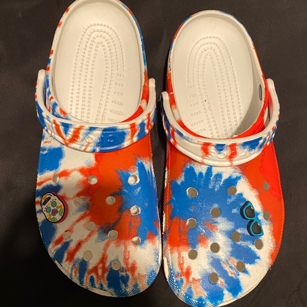 Blue and red Crocs